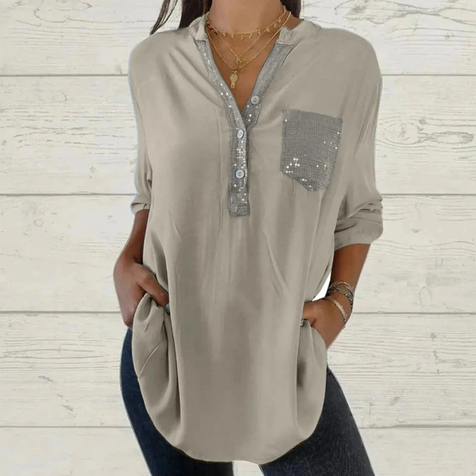 Long Sleeve Sequin Shirt for Women Women's Glitter V Neck Long Sleeve Tops With Pocket Large Size Loose Causal Blouse for Ladies