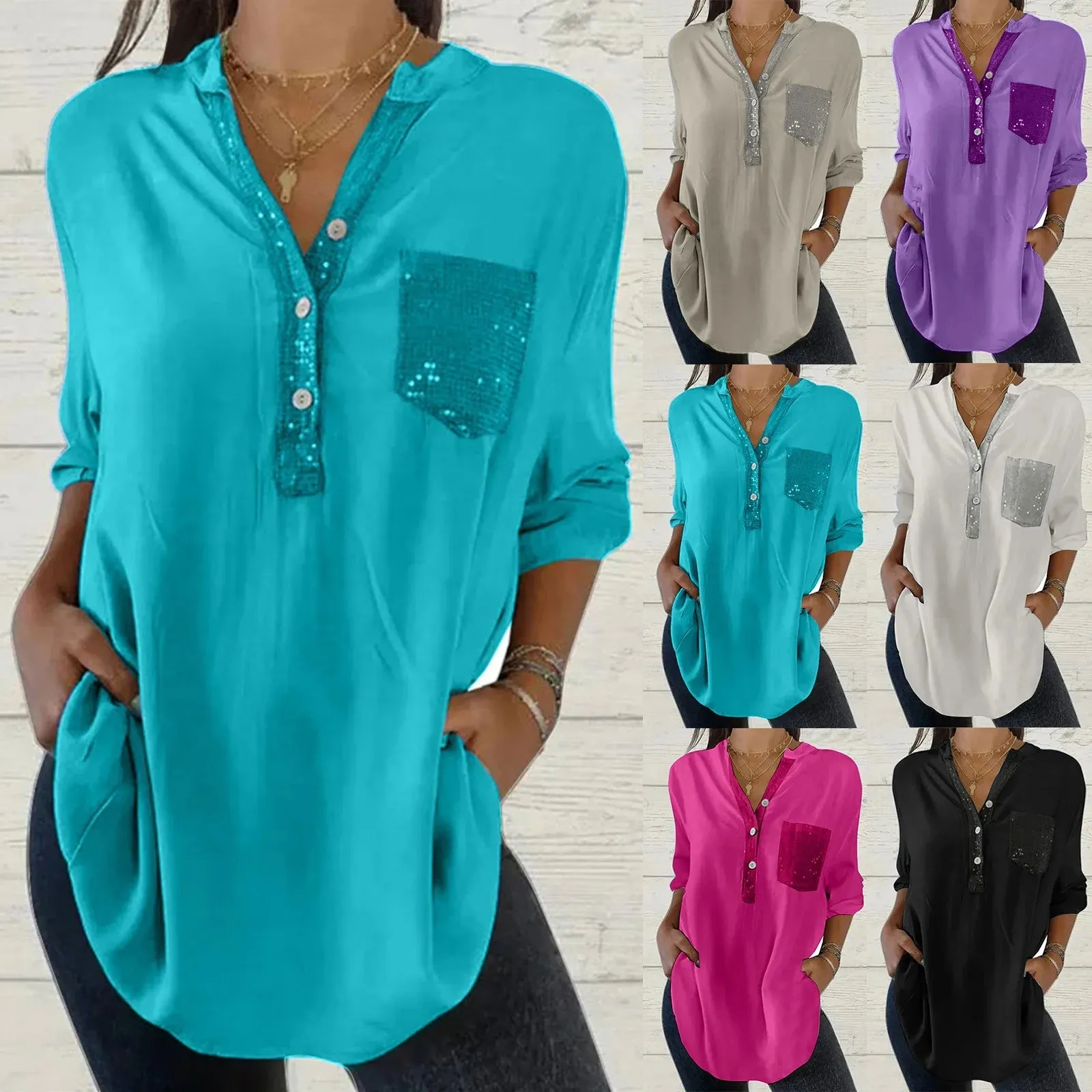 Long Sleeve Sequin Shirt for Women Women's Glitter V Neck Long Sleeve Tops With Pocket Large Size Loose Causal Blouse for Ladies