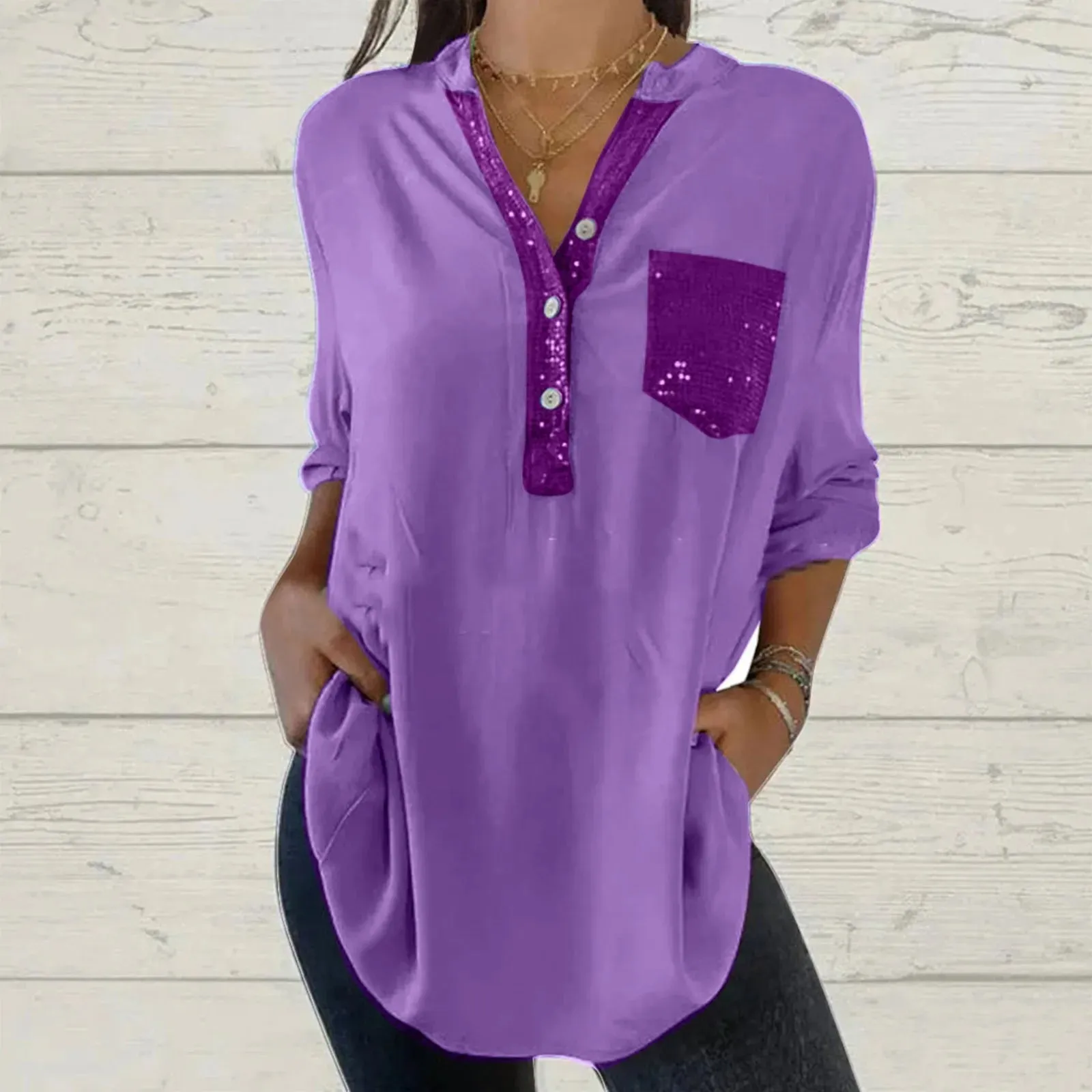 Long Sleeve Sequin Shirt for Women Women's Glitter V Neck Long Sleeve Tops With Pocket Large Size Loose Causal Blouse for Ladies