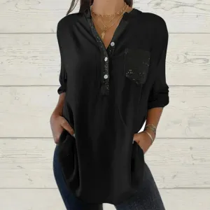 Long Sleeve Sequin Shirt for Women Women's Glitter V Neck Long Sleeve Tops With Pocket Large Size Loose Causal Blouse for Ladies