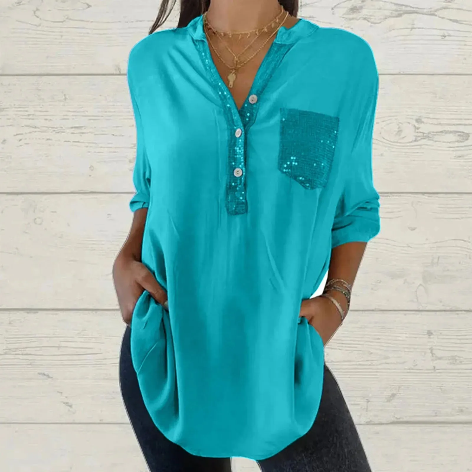Long Sleeve Sequin Shirt for Women Women's Glitter V Neck Long Sleeve Tops With Pocket Large Size Loose Causal Blouse for Ladies