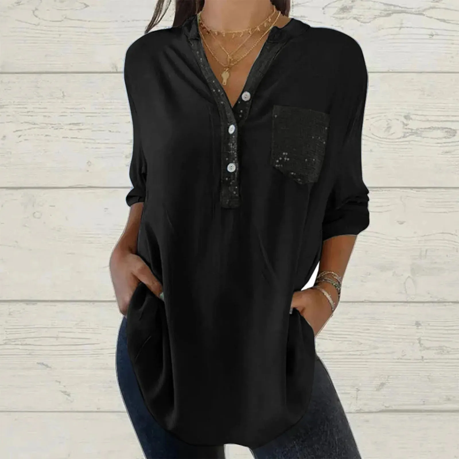 Long Sleeve Sequin Shirt for Women Women's Glitter V Neck Long Sleeve Tops With Pocket Large Size Loose Causal Blouse for Ladies