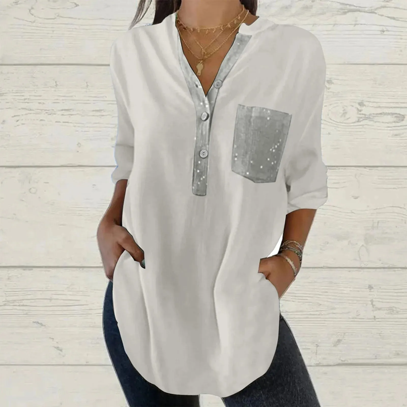 Long Sleeve Sequin Shirt for Women Women's Glitter V Neck Long Sleeve Tops With Pocket Large Size Loose Causal Blouse for Ladies