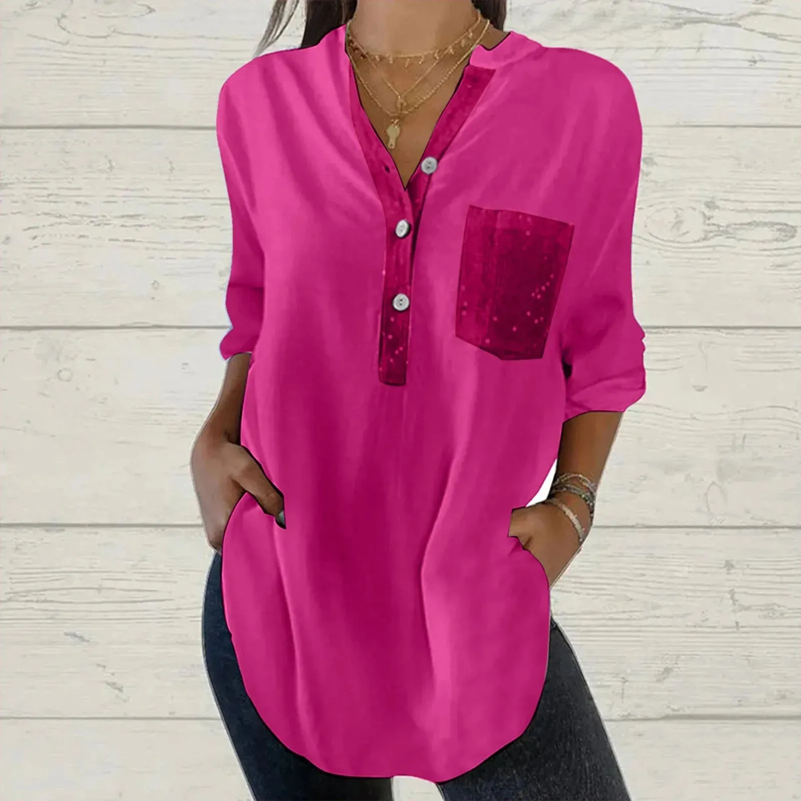 Long Sleeve Sequin Shirt for Women Women's Glitter V Neck Long Sleeve Tops With Pocket Large Size Loose Causal Blouse for Ladies