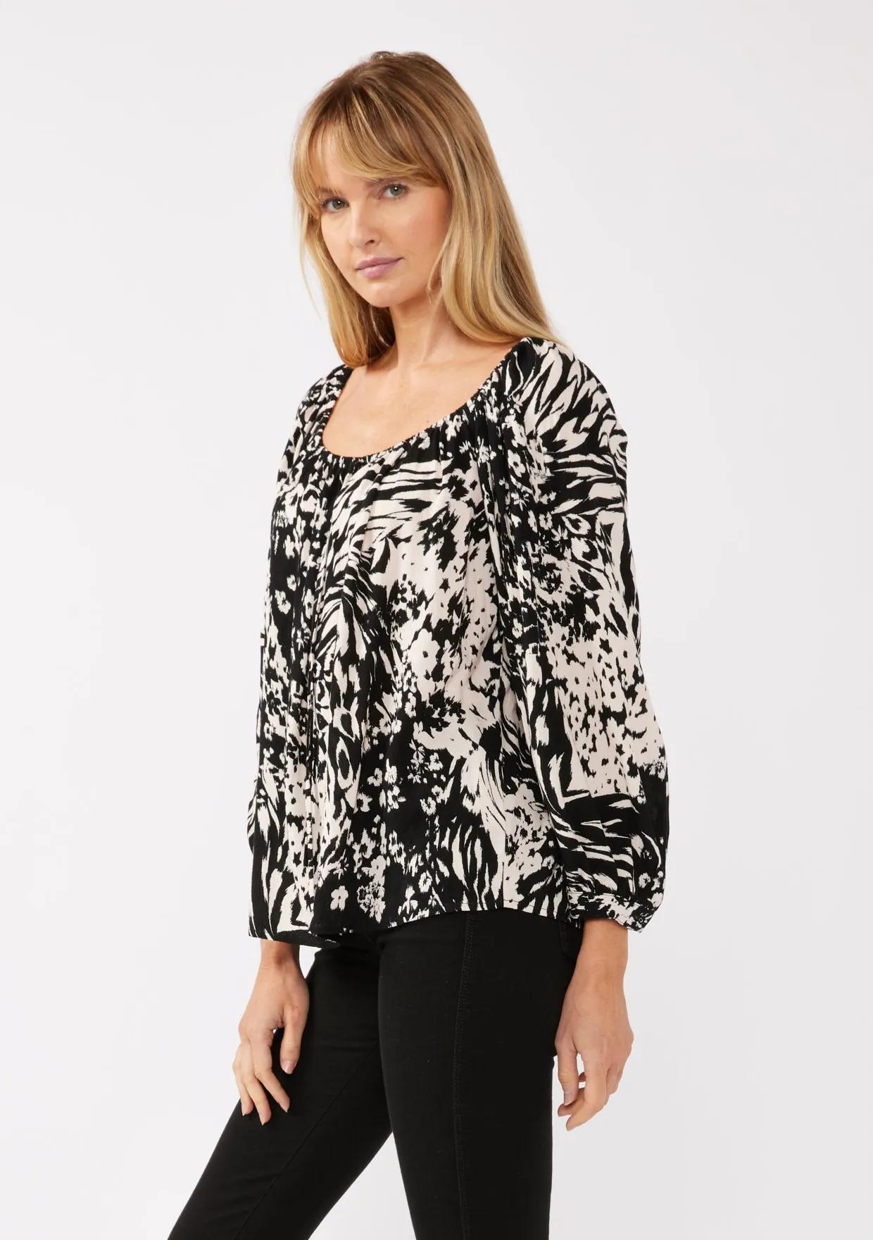 Long Sleeve Tie Front Peasant Top