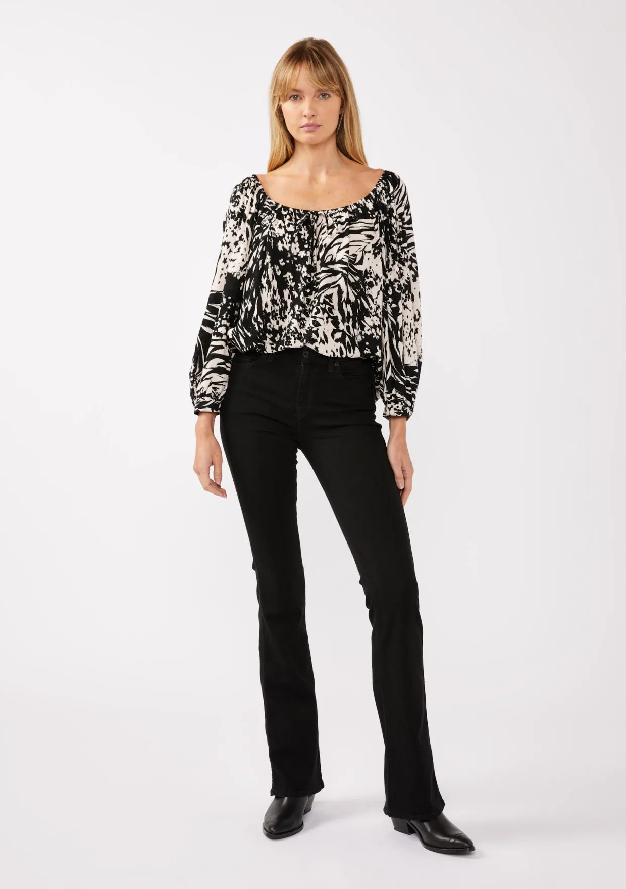 Long Sleeve Tie Front Peasant Top