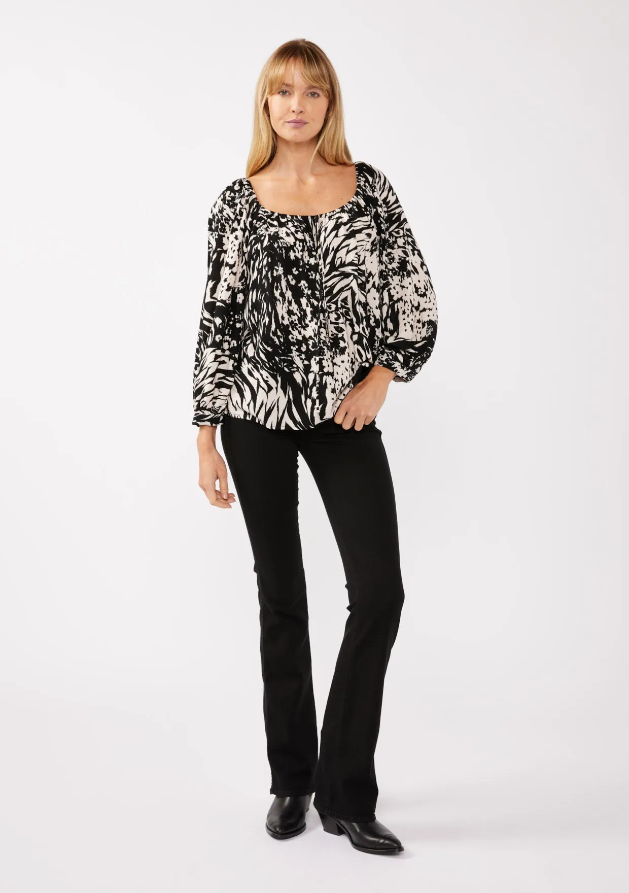 Long Sleeve Tie Front Peasant Top