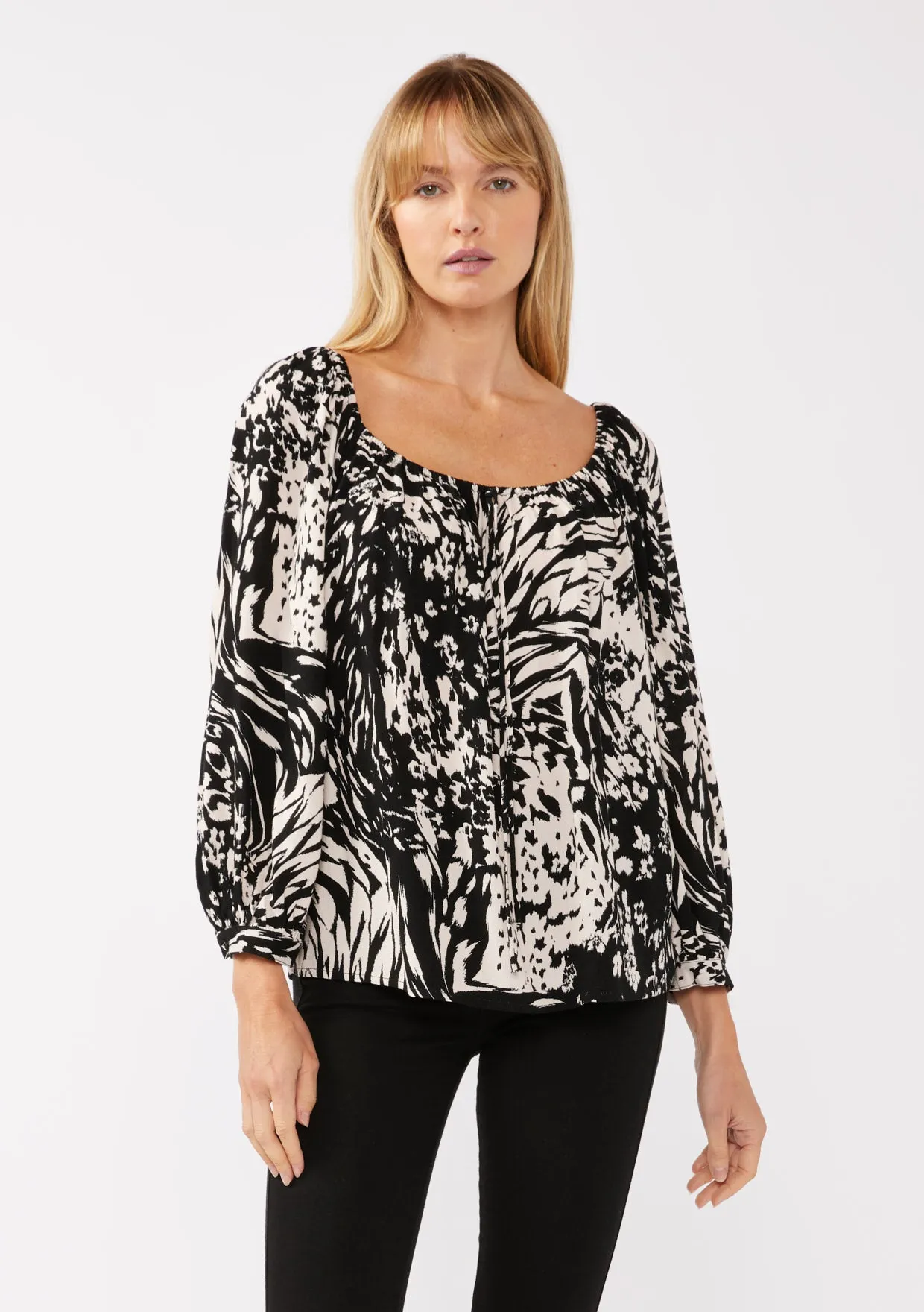Long Sleeve Tie Front Peasant Top