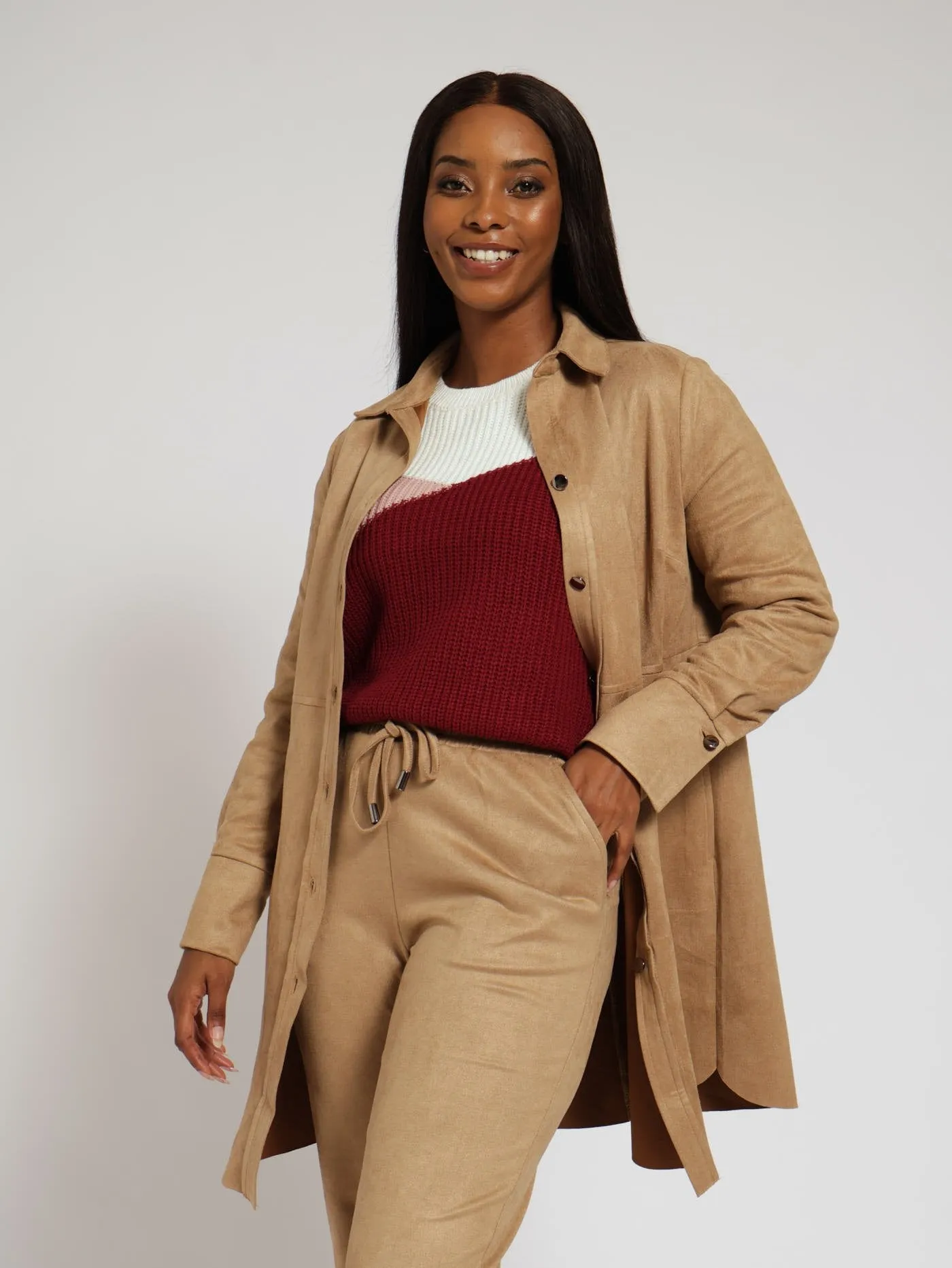Long Sleeve Tunic Suede Shirt - Camel