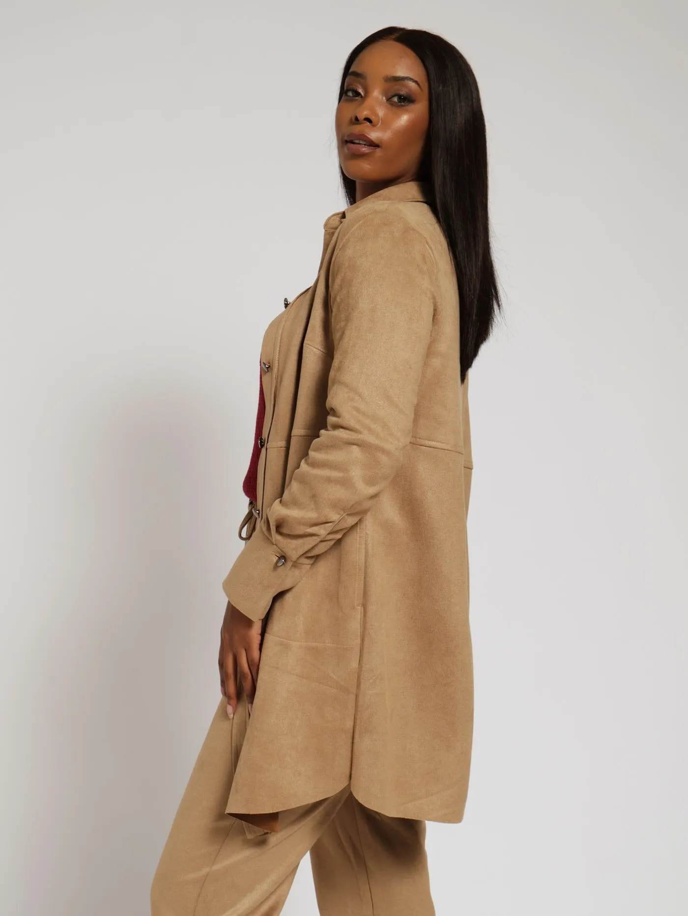 Long Sleeve Tunic Suede Shirt - Camel