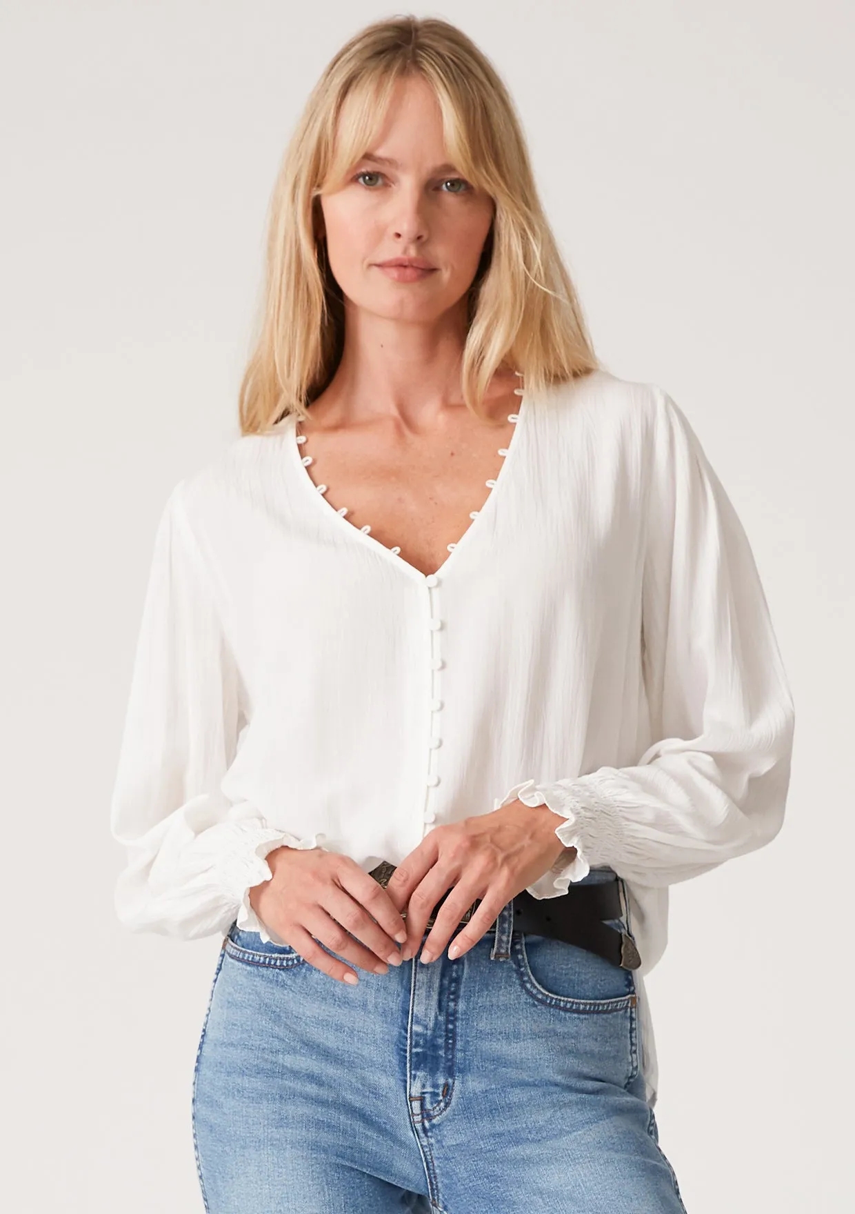 Long Sleeve V Neck Button Down Blouse
