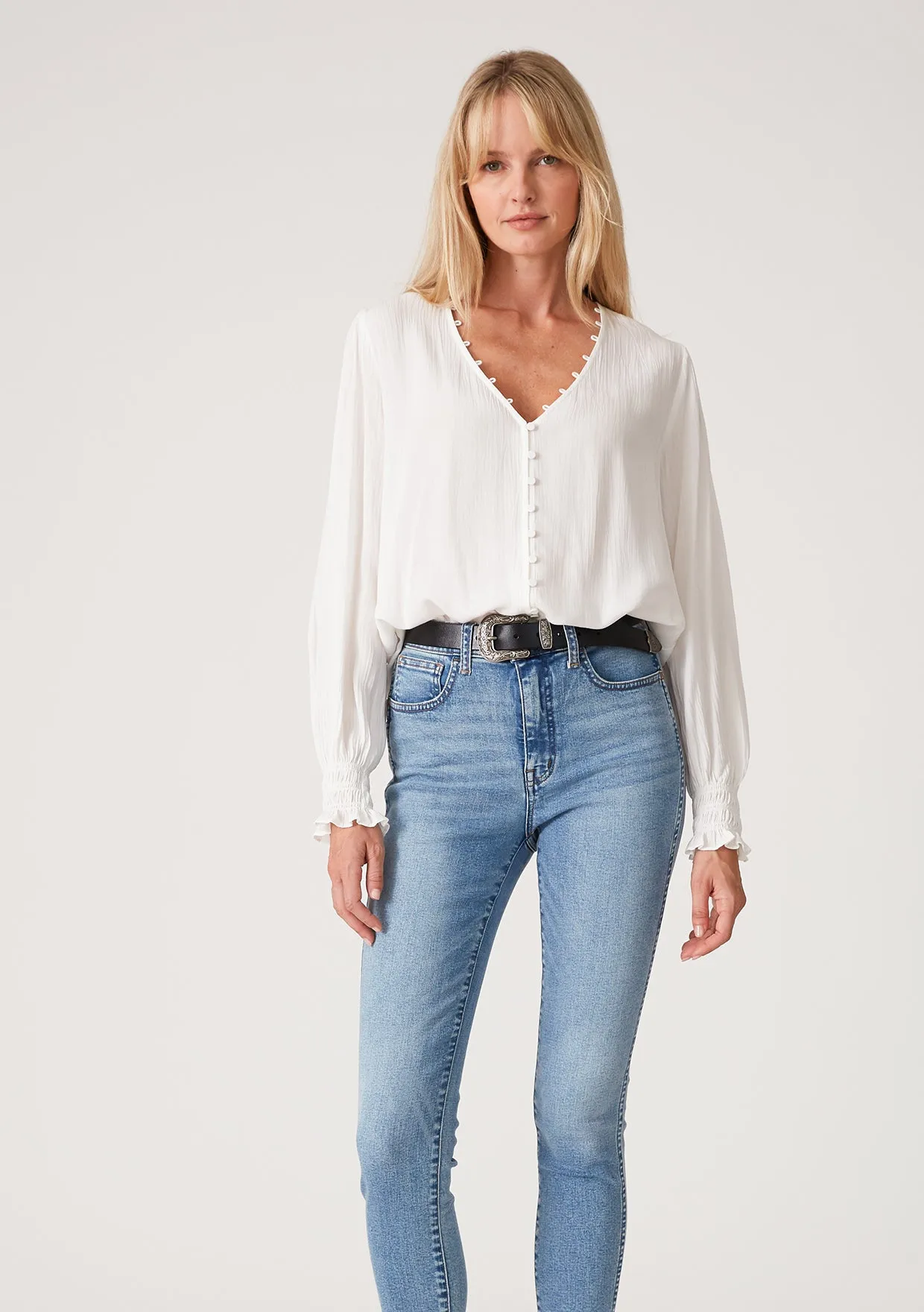 Long Sleeve V Neck Button Down Blouse