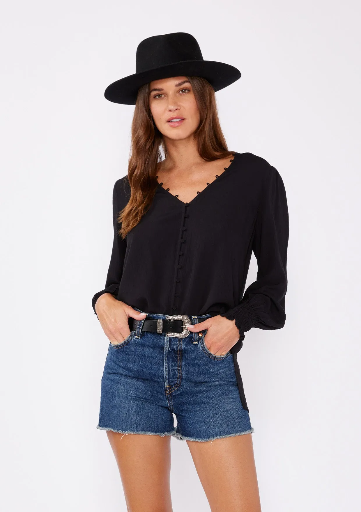 Long Sleeve V Neck Button Down Blouse