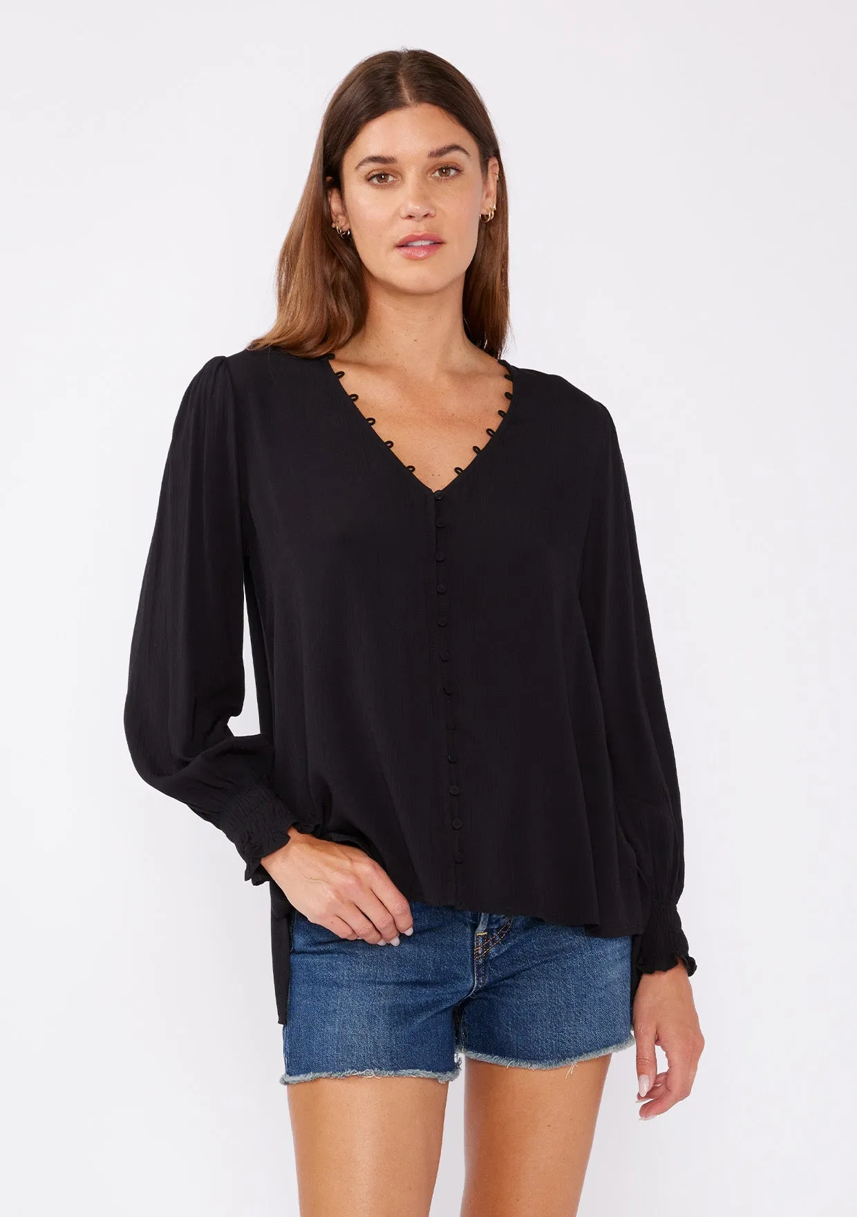 Long Sleeve V Neck Button Down Blouse
