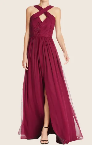 MACloth Halter Chiffon Maxi Prom Dress with Slit Burgundy Formal Gown