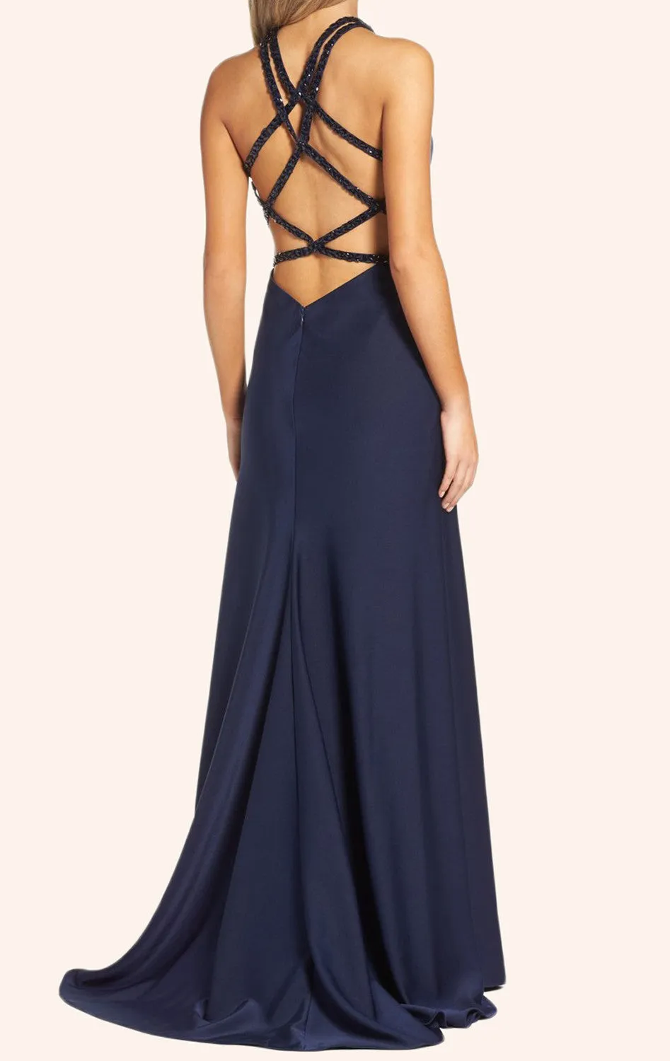 MACloth Halter Long Prom Dress with Slit Sexy Dark Navy Formal Gown