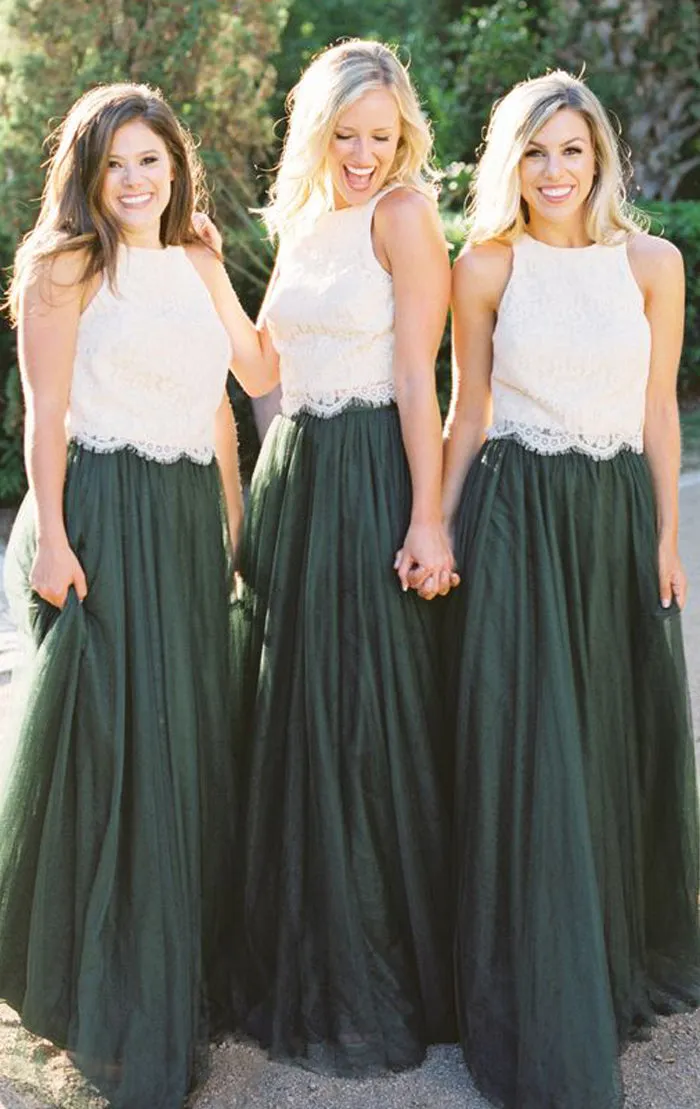 MACloth Two Piece Lace Tulle Simple Prom Dress Dark Green Long Bridesmaid Gown