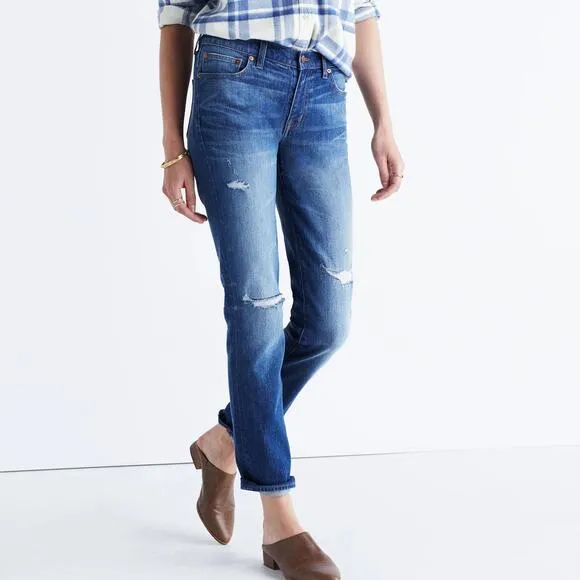 Madewell The Slim Boyjean Ripped Mid Rise Straight Leg Jeans Blue 25