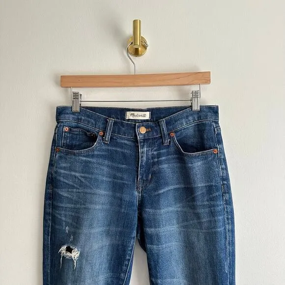 Madewell The Slim Boyjean Ripped Mid Rise Straight Leg Jeans Blue 25