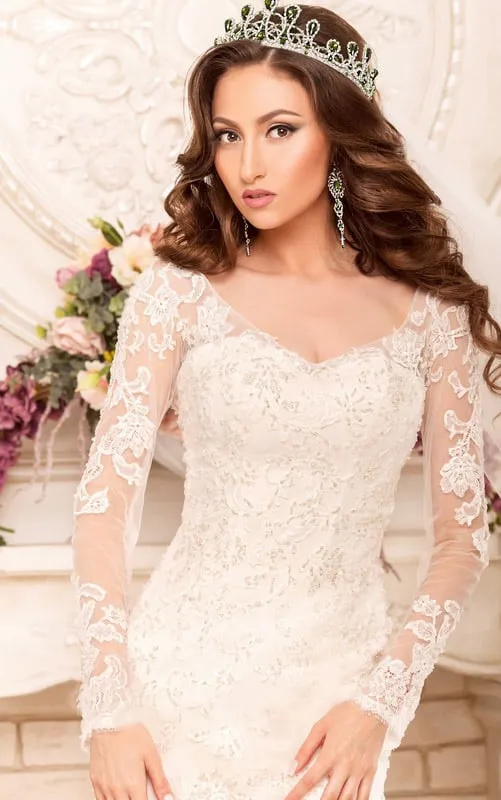 Mermaid Maxi V-Neck Long-Sleeve Deep-V-Back Lace Dress With Appliques-714478