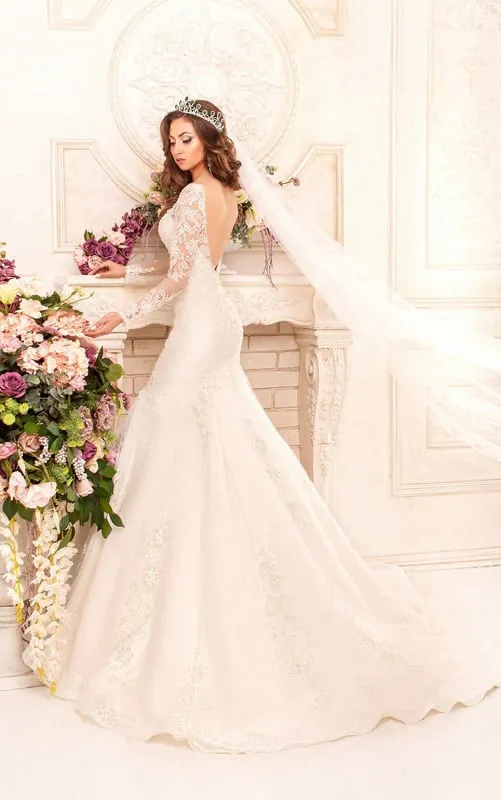 Mermaid Maxi V-Neck Long-Sleeve Deep-V-Back Lace Dress With Appliques-714478