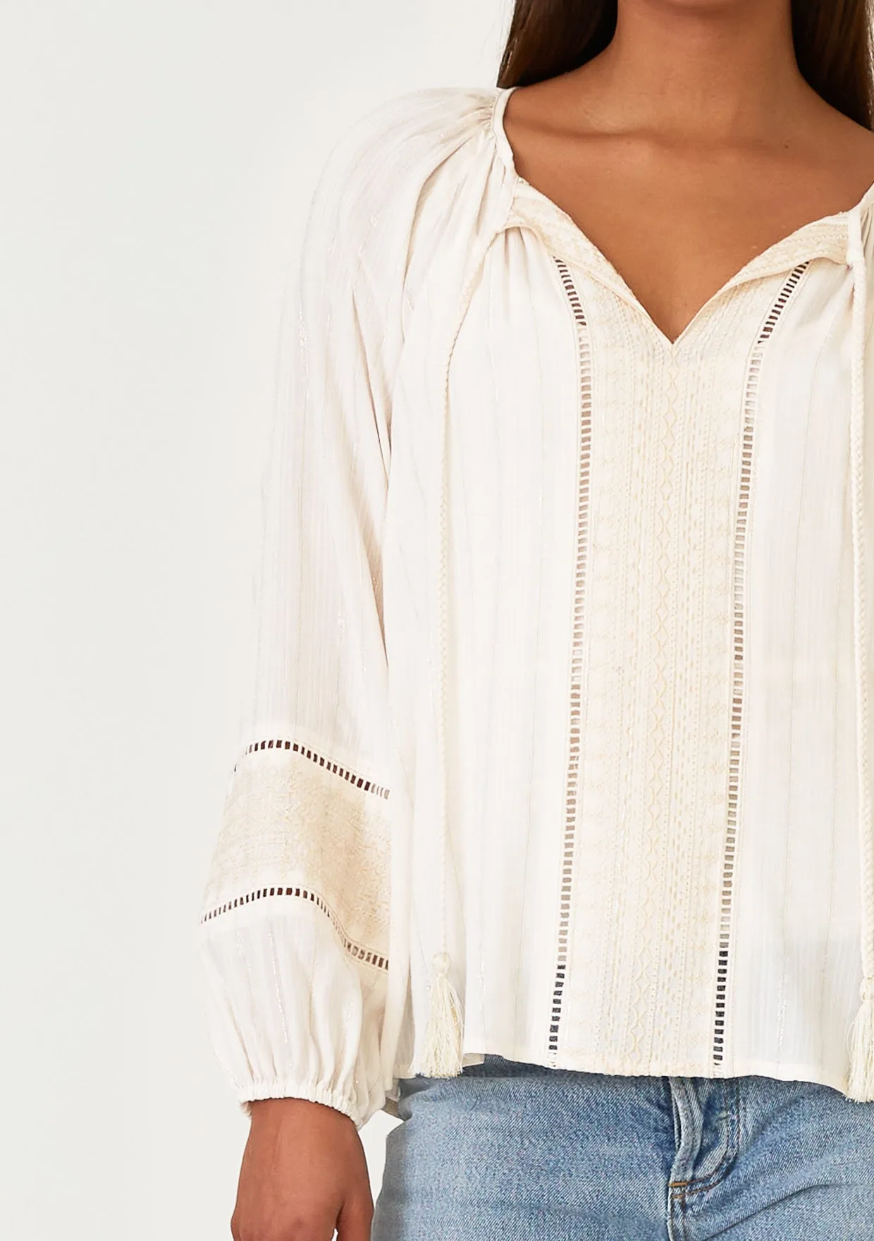 Metallic Pinstripe Long Sleeve Peasant Blouse