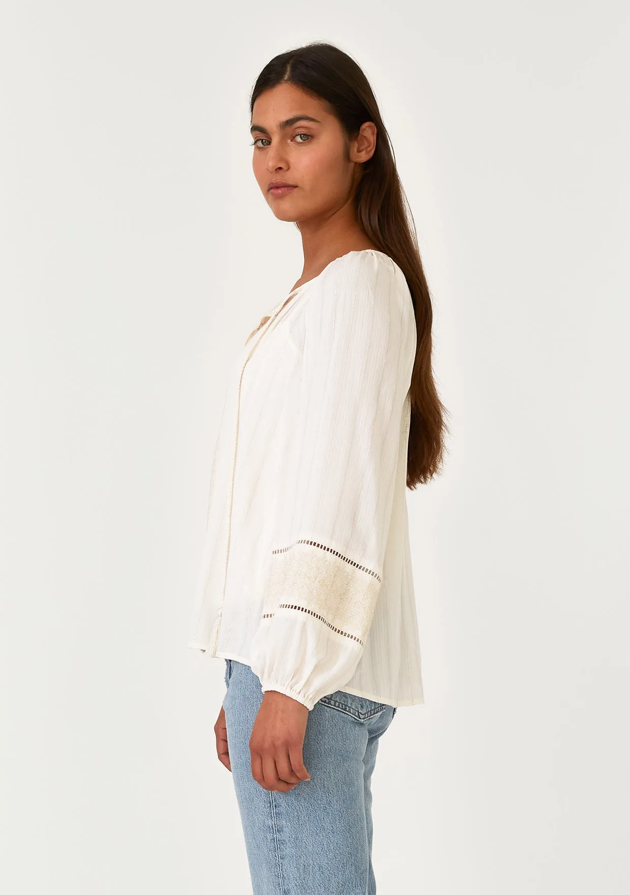 Metallic Pinstripe Long Sleeve Peasant Blouse