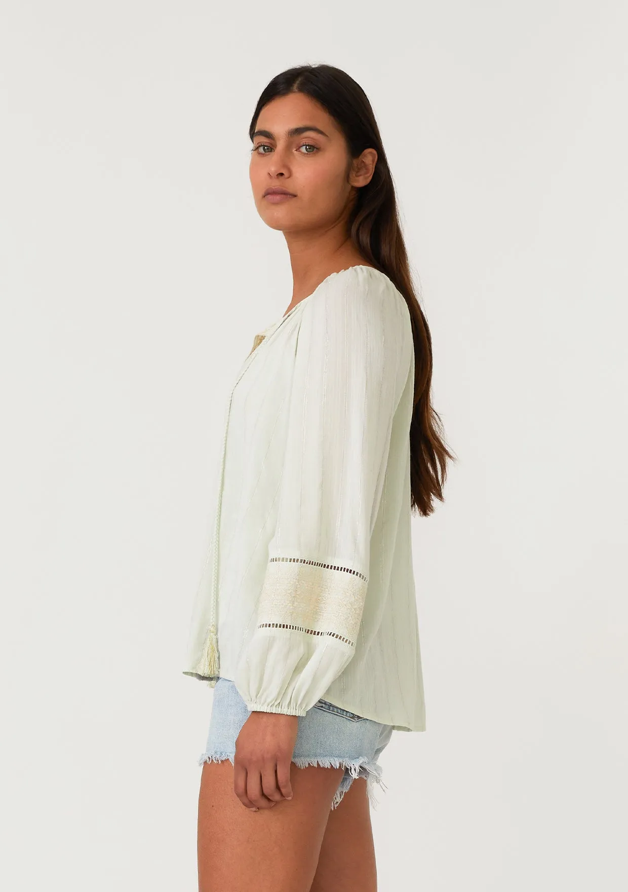 Metallic Pinstripe Long Sleeve Peasant Blouse