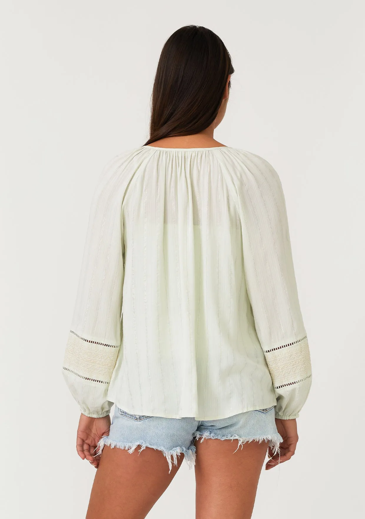 Metallic Pinstripe Long Sleeve Peasant Blouse