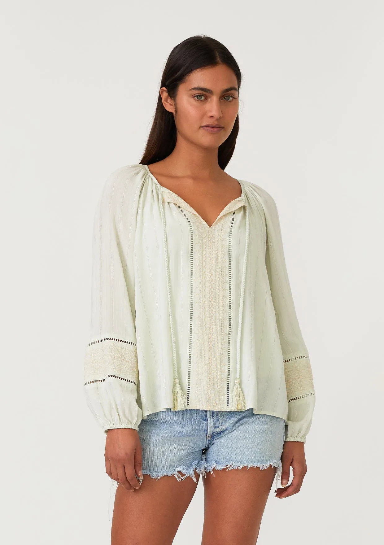 Metallic Pinstripe Long Sleeve Peasant Blouse