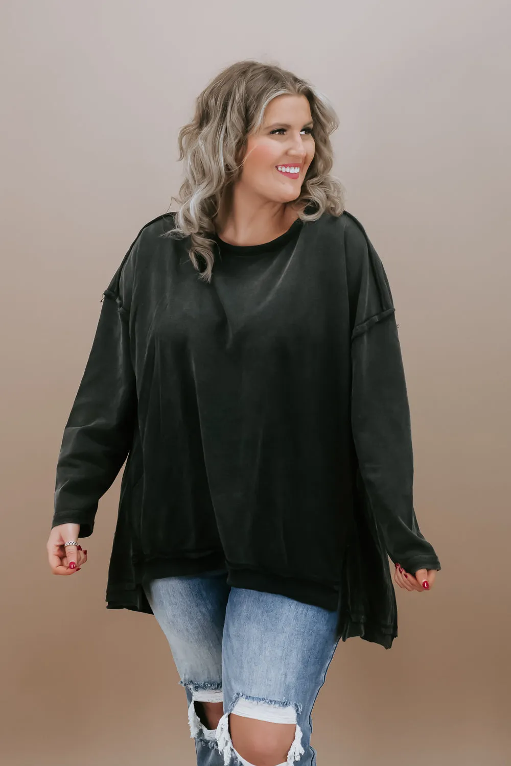 Mineral Washed Oversized Tunic Pullover, Black