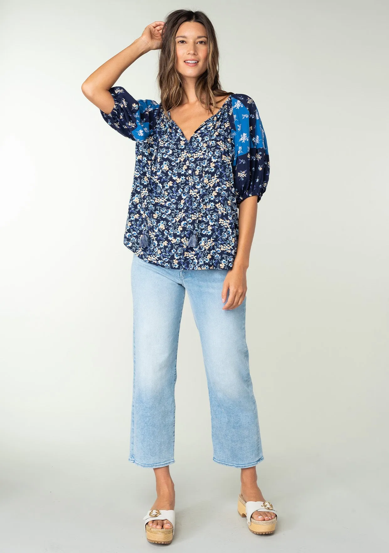 Multi Floral Print Balloon Sleeve Peasant Top
