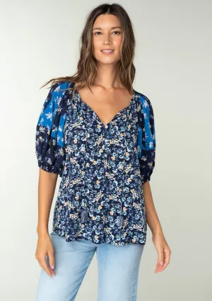 Multi Floral Print Balloon Sleeve Peasant Top