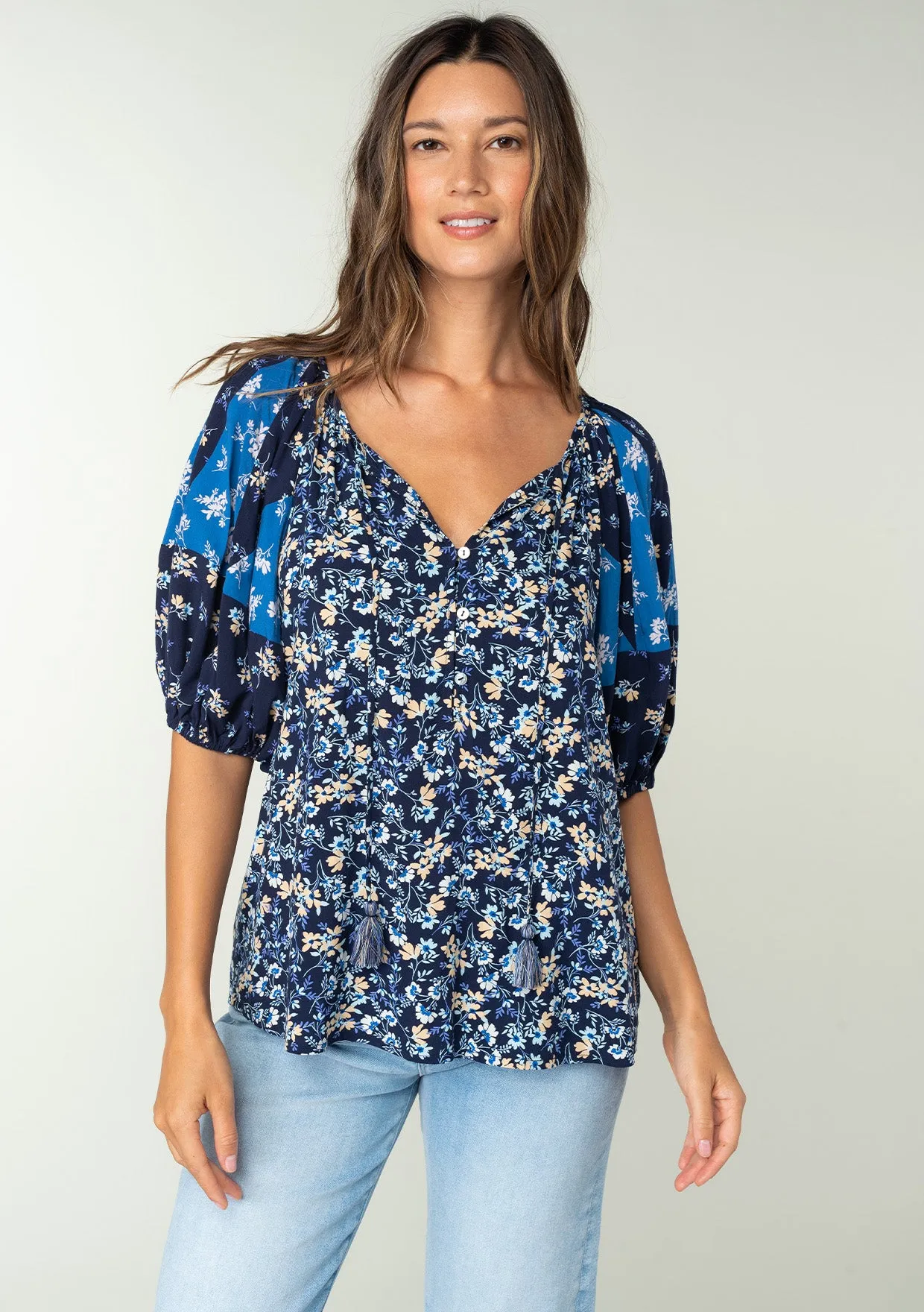 Multi Floral Print Balloon Sleeve Peasant Top