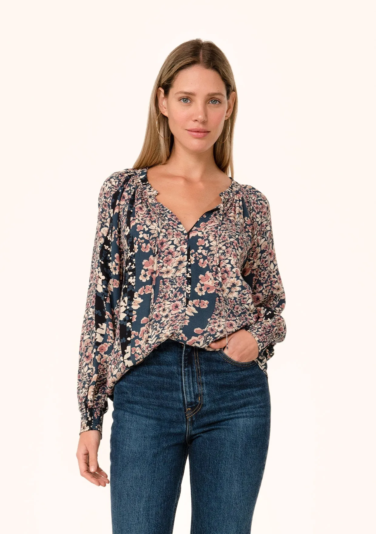 Multi Floral Print Long Sleeve Tie Neck Blouse