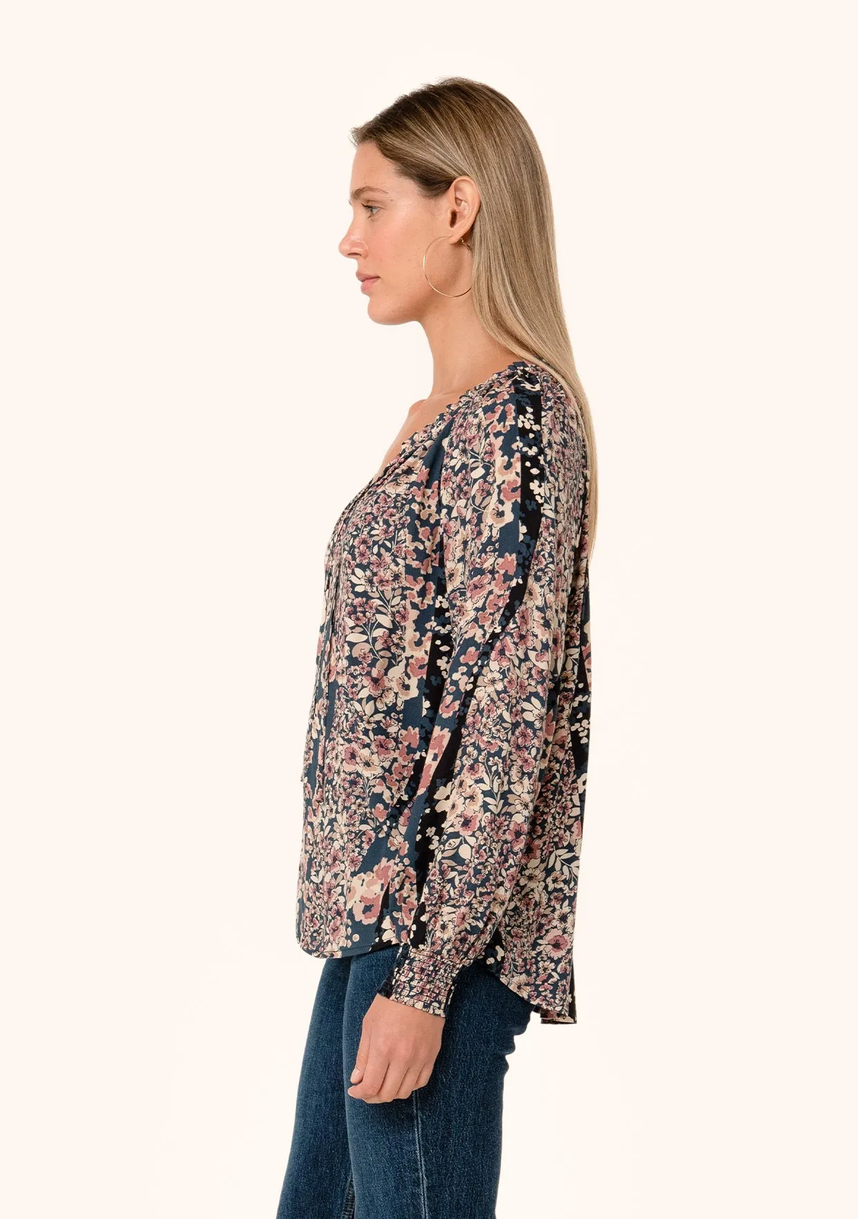 Multi Floral Print Long Sleeve Tie Neck Blouse