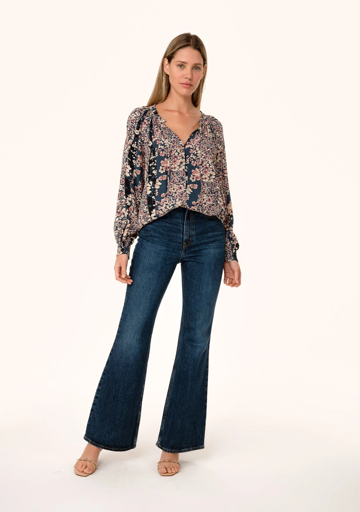 Multi Floral Print Long Sleeve Tie Neck Blouse