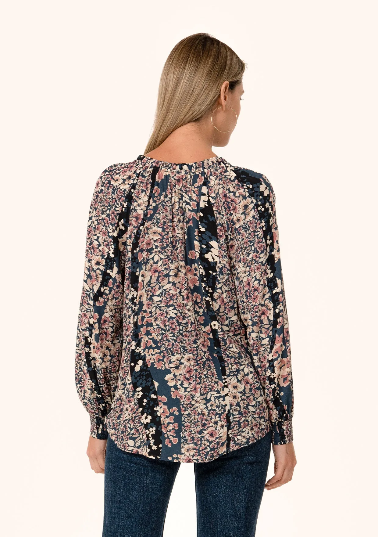 Multi Floral Print Long Sleeve Tie Neck Blouse