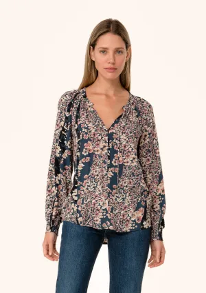 Multi Floral Print Long Sleeve Tie Neck Blouse