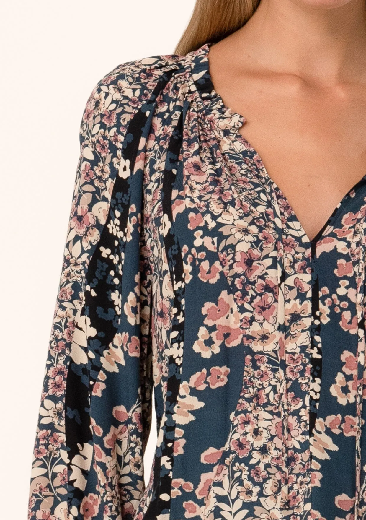 Multi Floral Print Long Sleeve Tie Neck Blouse