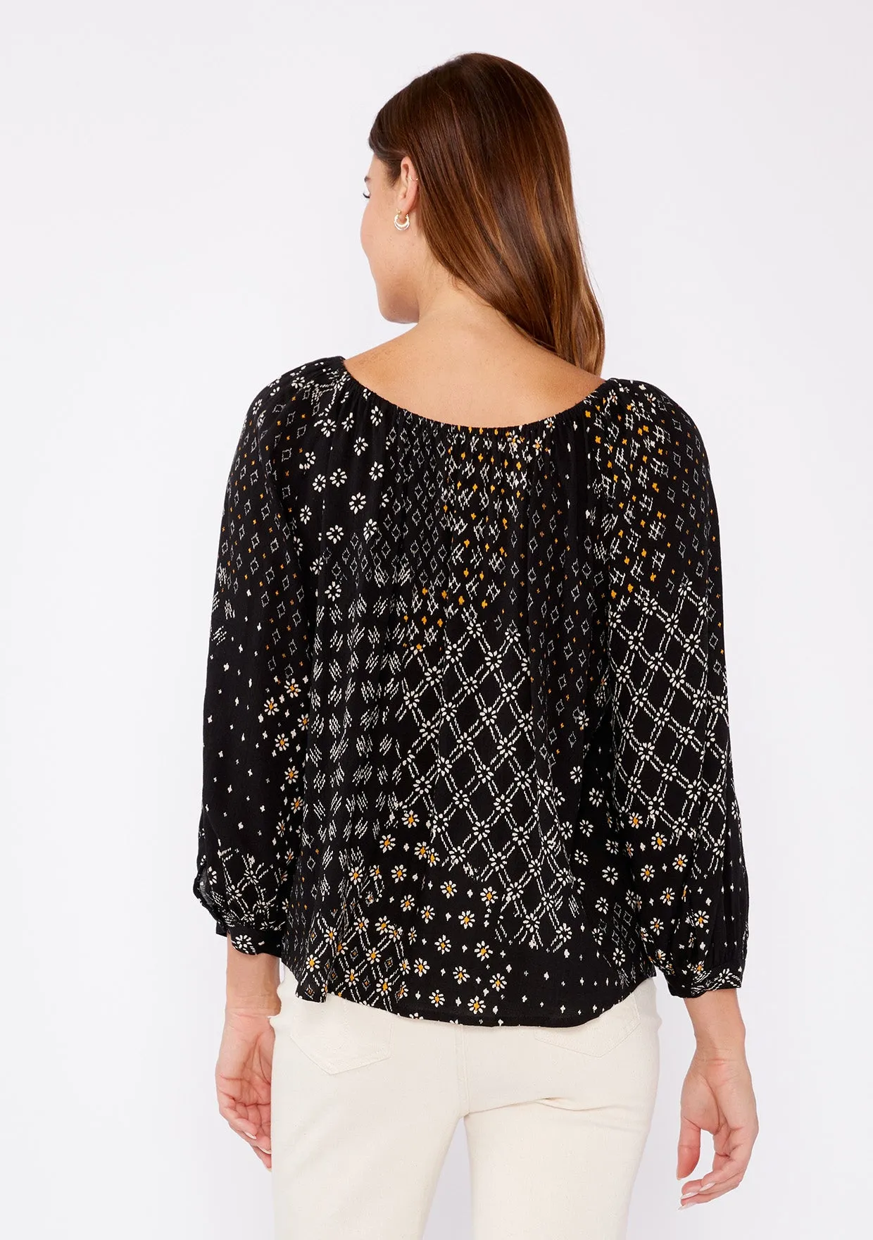 Multi-Print Long Sleeve Scoop Neck Peasant Blouse
