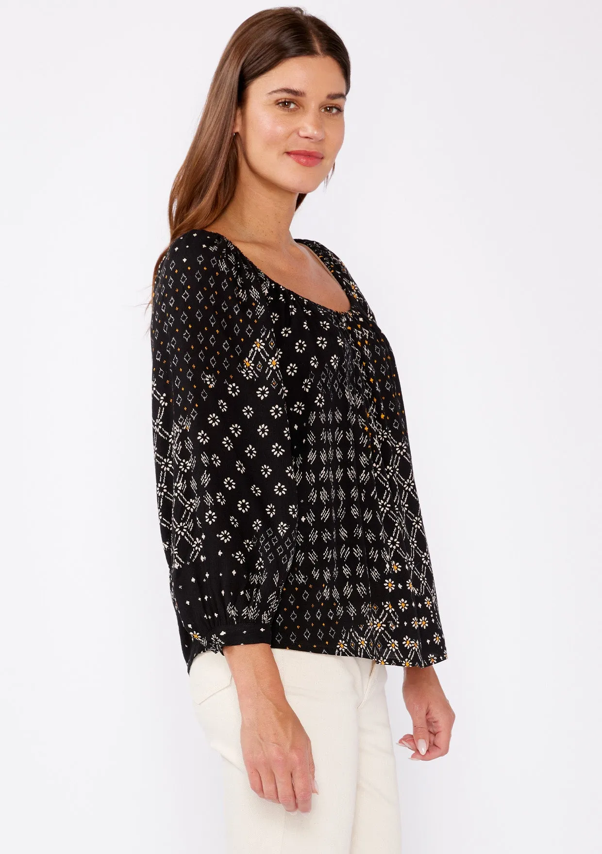 Multi-Print Long Sleeve Scoop Neck Peasant Blouse