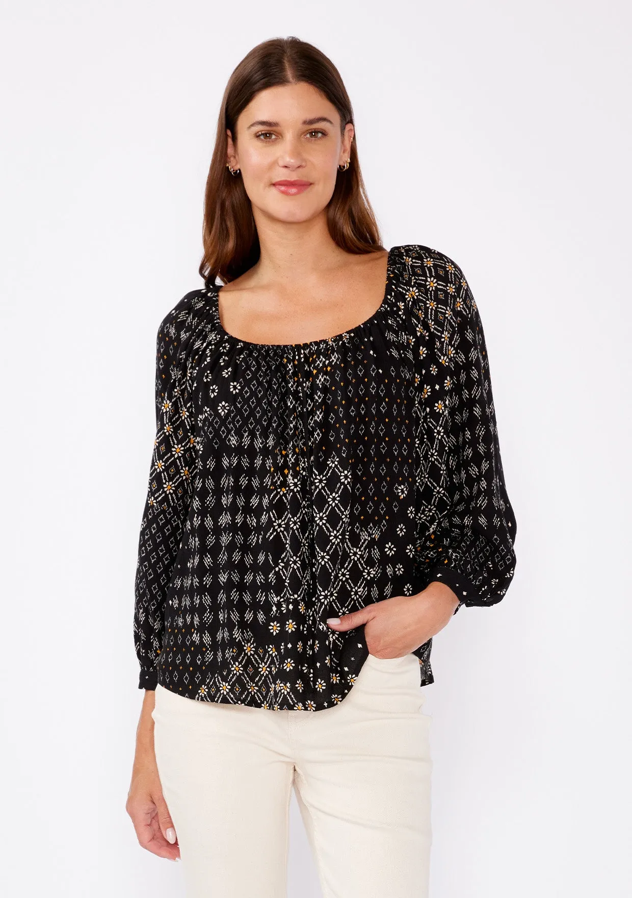 Multi-Print Long Sleeve Scoop Neck Peasant Blouse
