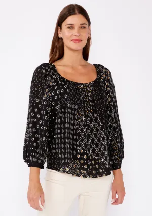 Multi-Print Long Sleeve Scoop Neck Peasant Blouse