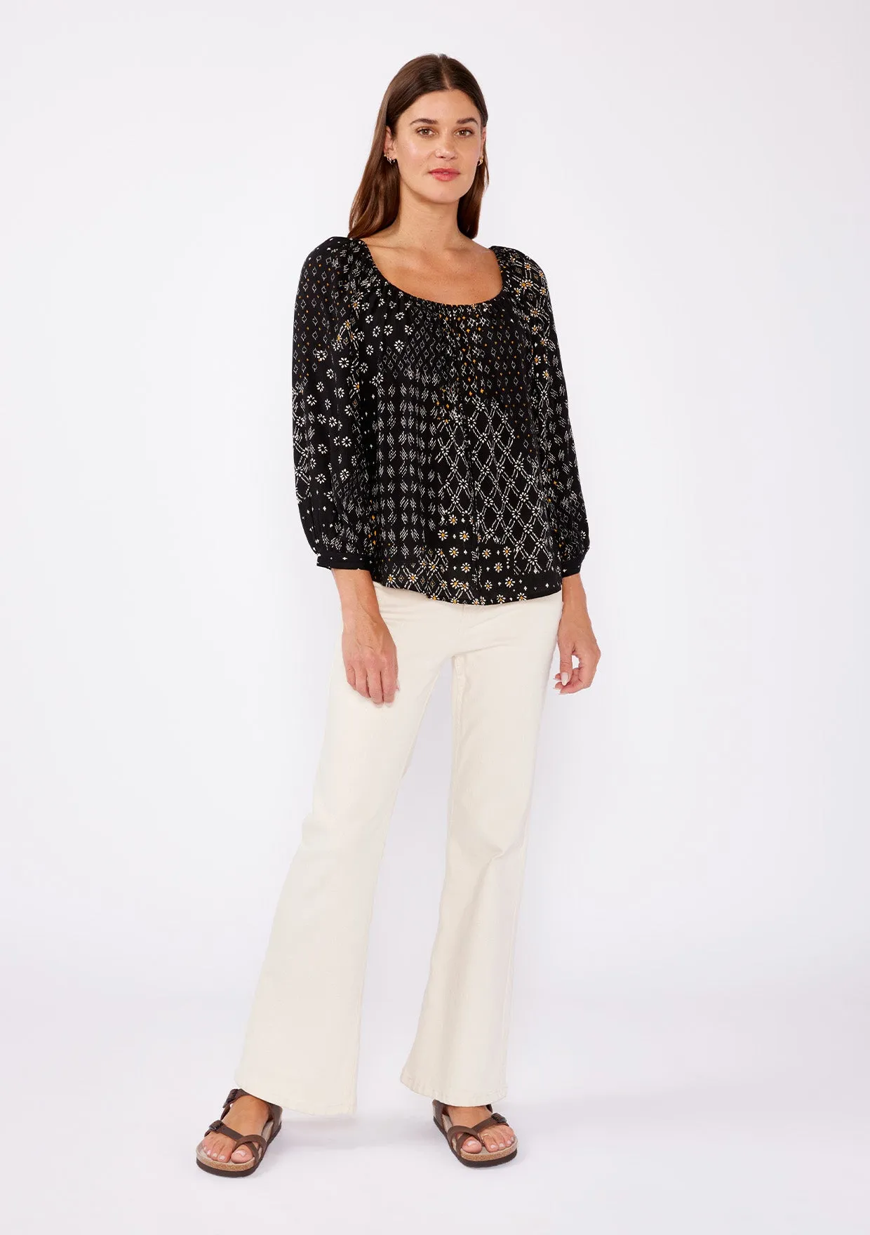 Multi-Print Long Sleeve Scoop Neck Peasant Blouse