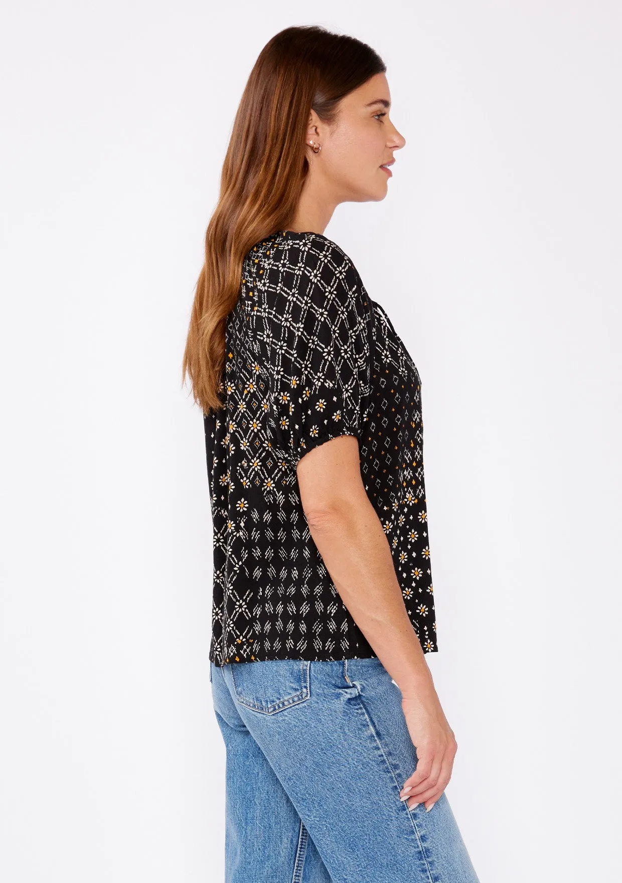 Multi-Print Puff Sleeve Button Front Blouse