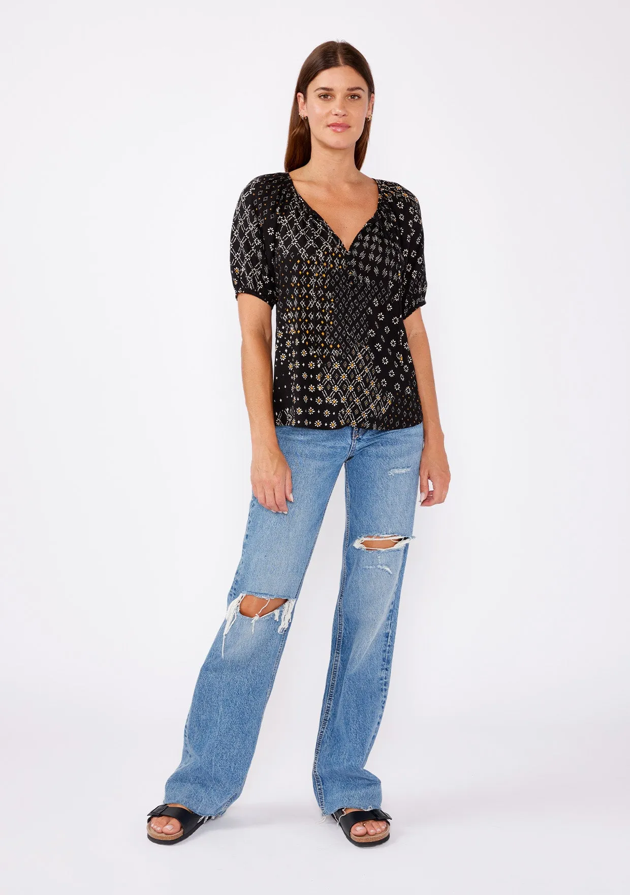 Multi-Print Puff Sleeve Button Front Blouse
