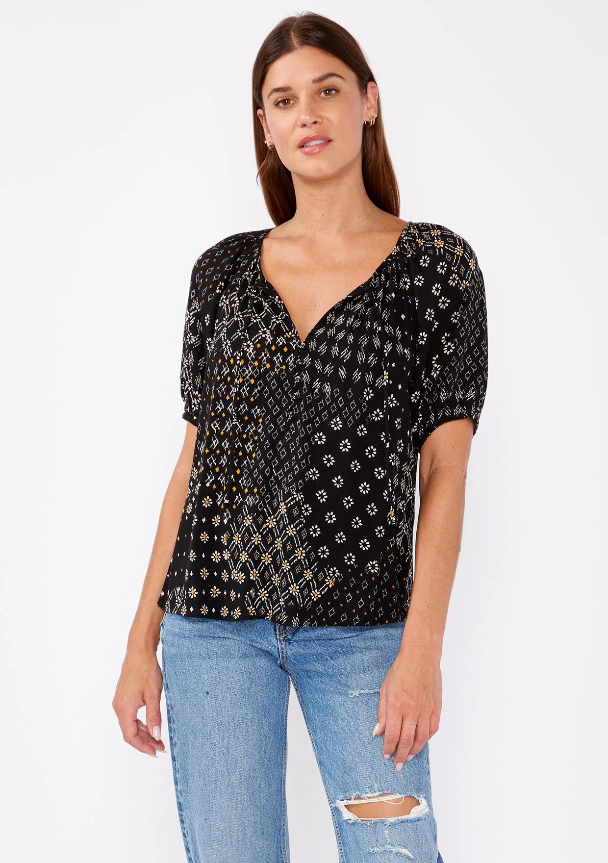Multi-Print Puff Sleeve Button Front Blouse