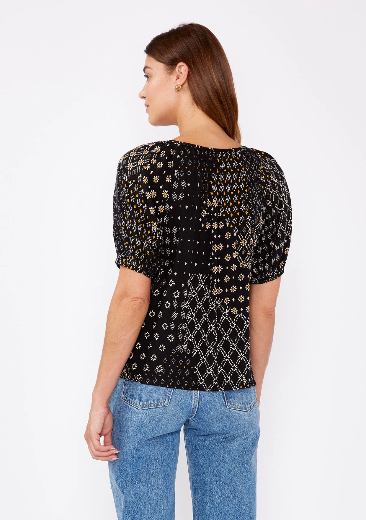 Multi-Print Puff Sleeve Button Front Blouse