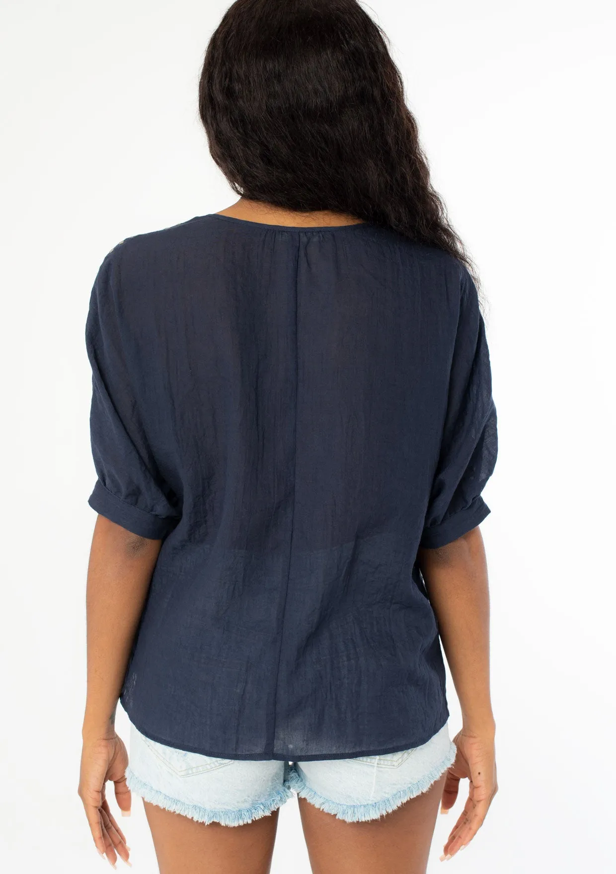 Navy Bohemian Dolman Sleeve Embroidered Blouse